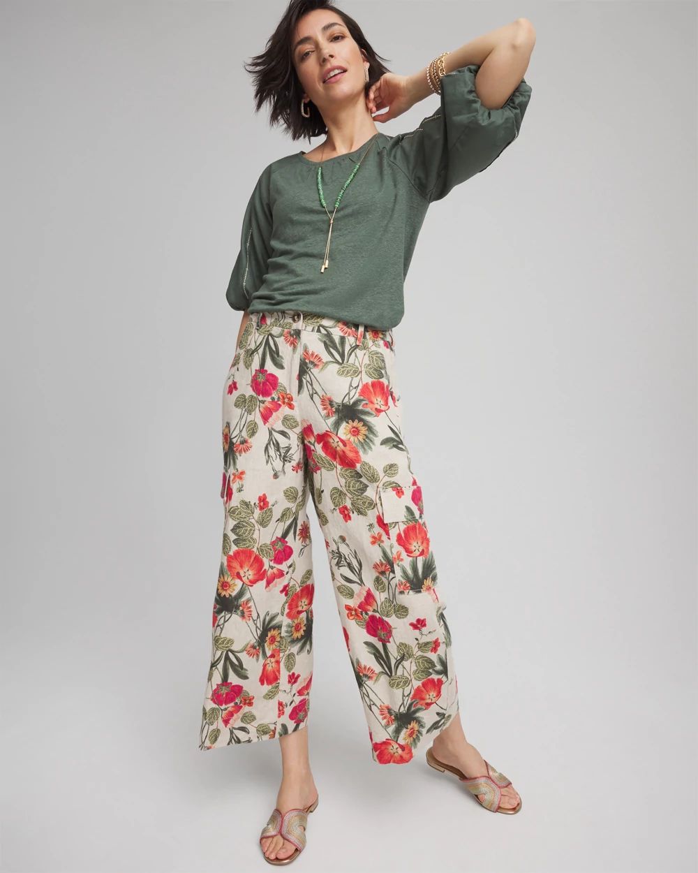 Linen Cargo Wide-Leg Pants