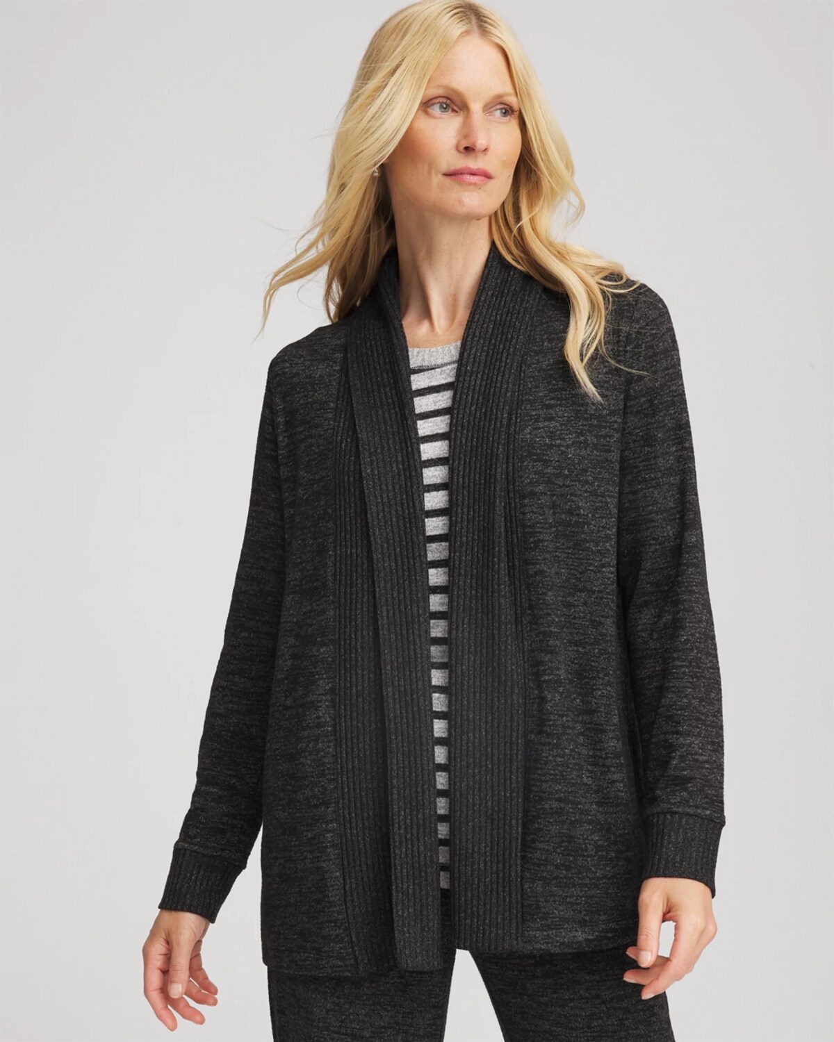 Chico's Rib-trim Long Cardigan Sweater In Black In Black