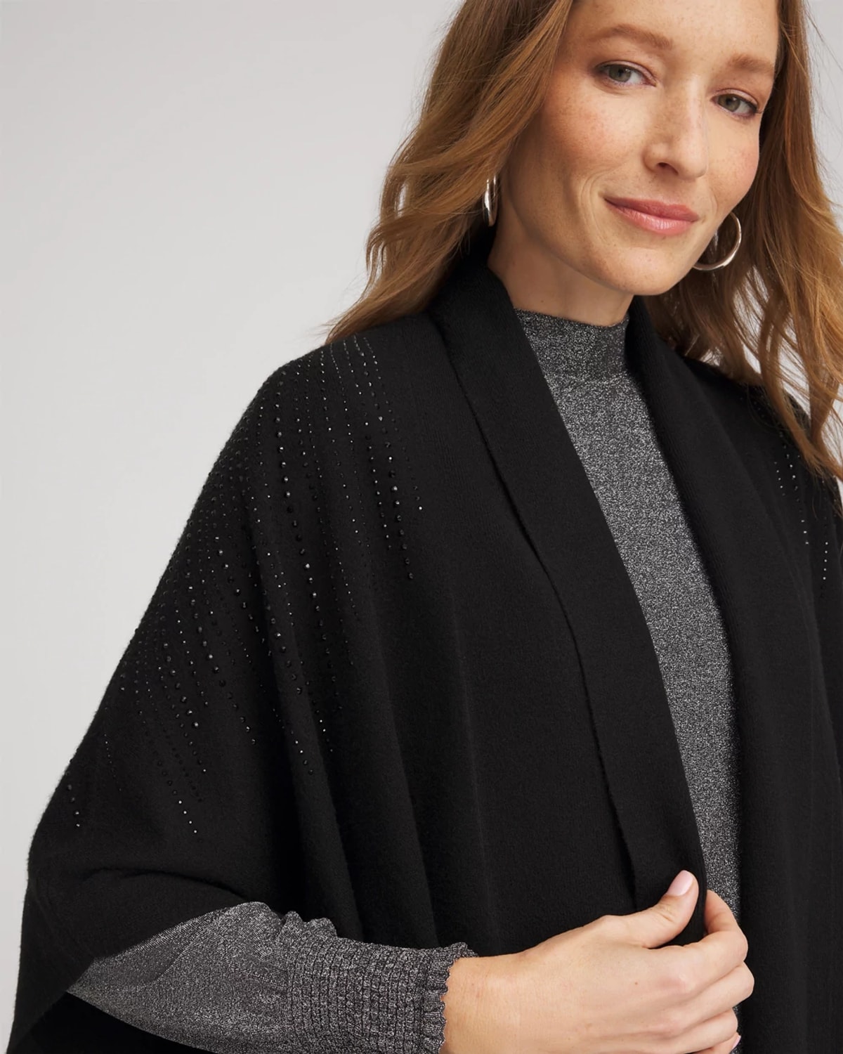 Chico's Embellished Shawl Collar Ruana In Black In Black