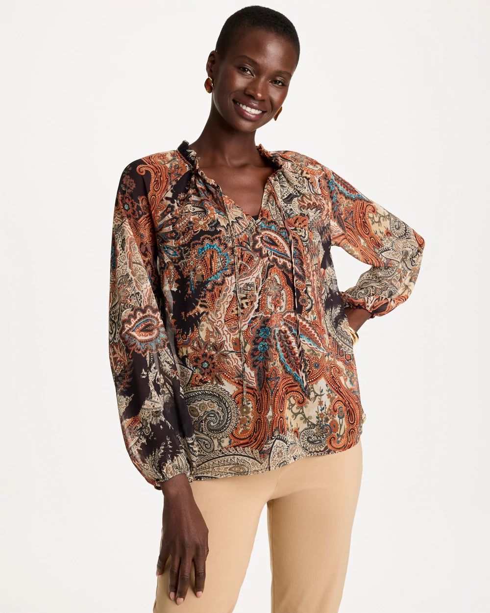 Printed Georgette Ruffled Tie-Neck Blouse