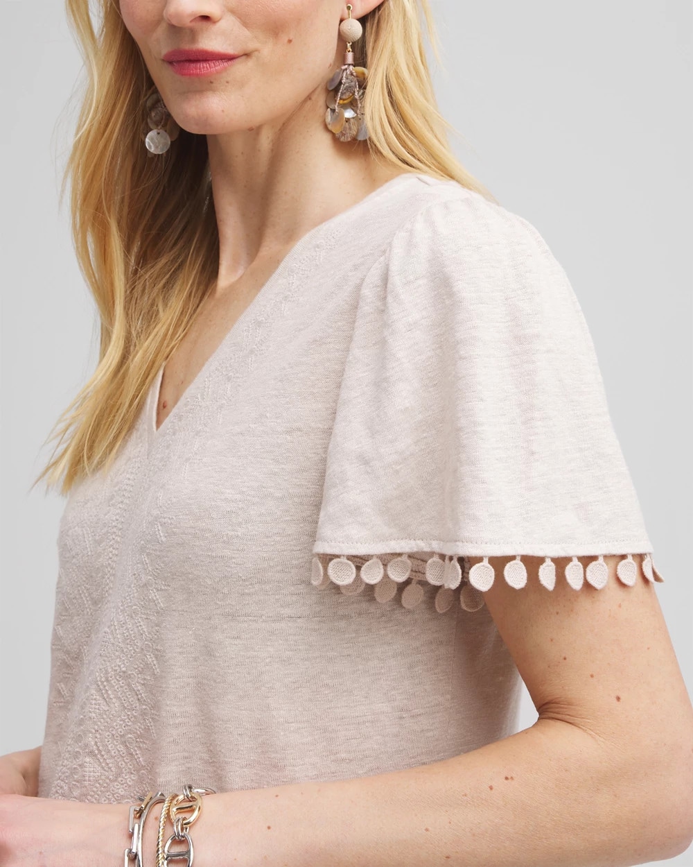 Linen Embroidered Flutter Sleeve Top