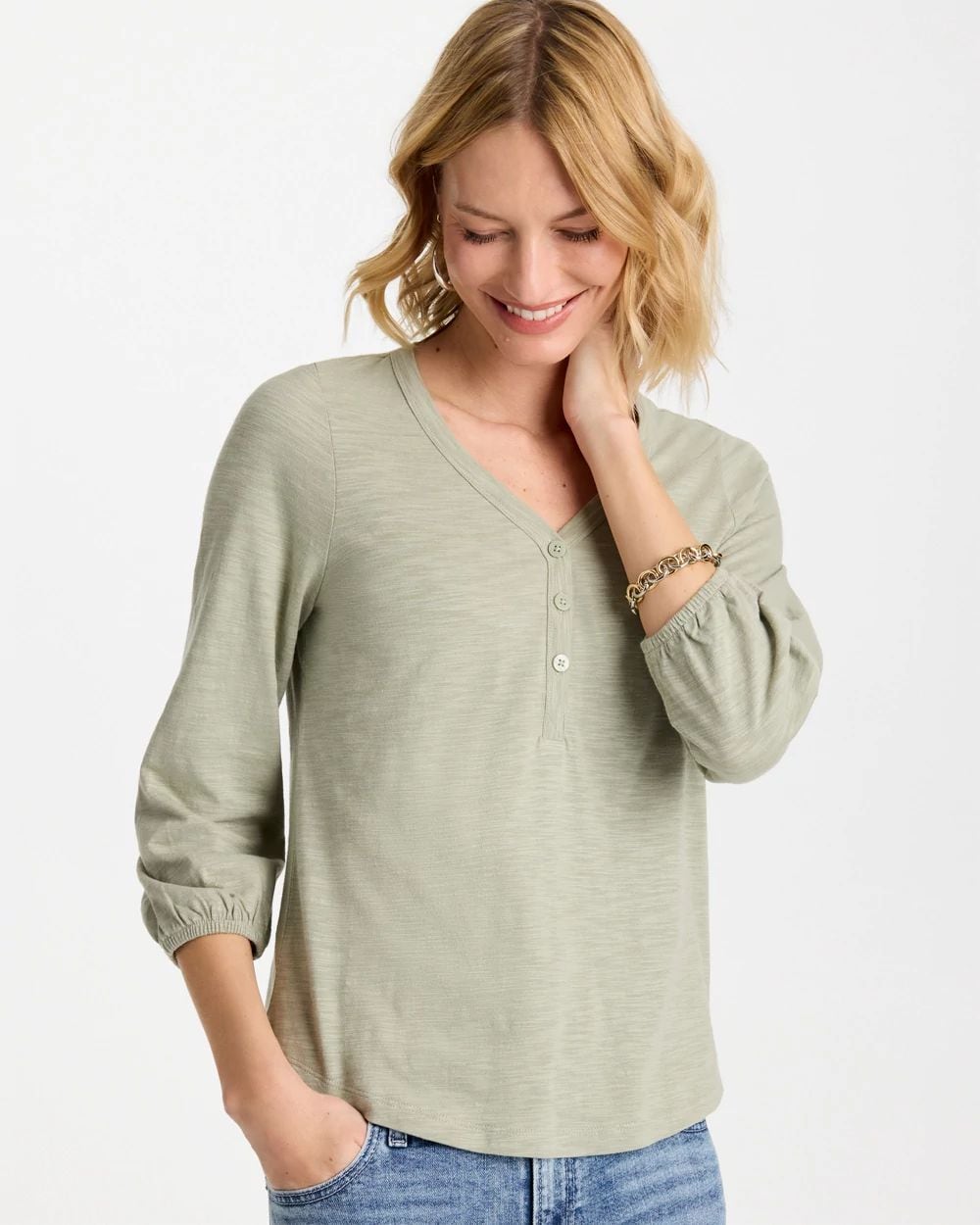 Puff Sleeve Cotton Slub Henley Tee