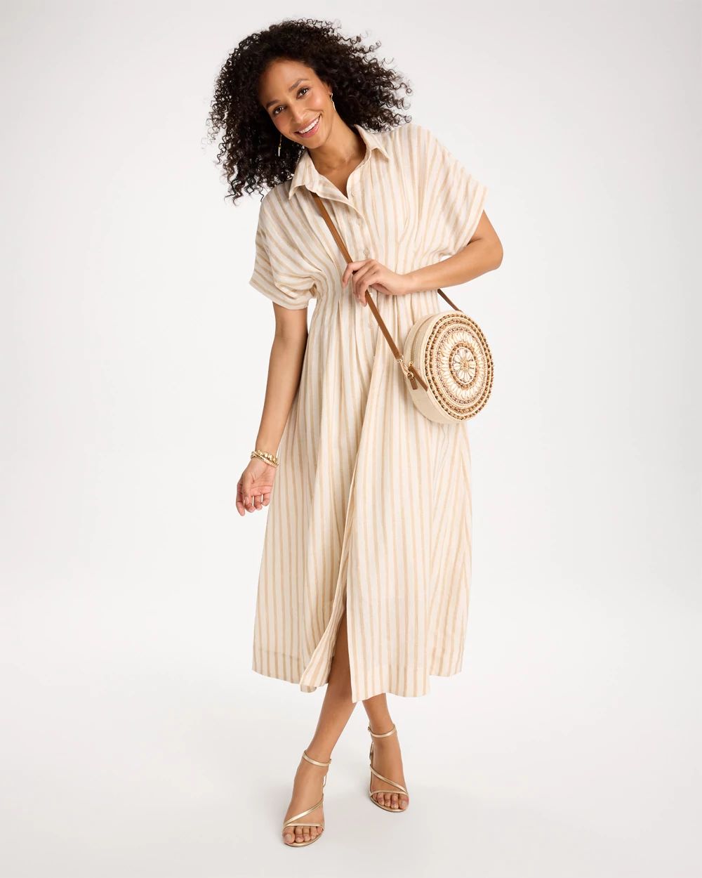 Linen-Blend Metallic Striped Dress