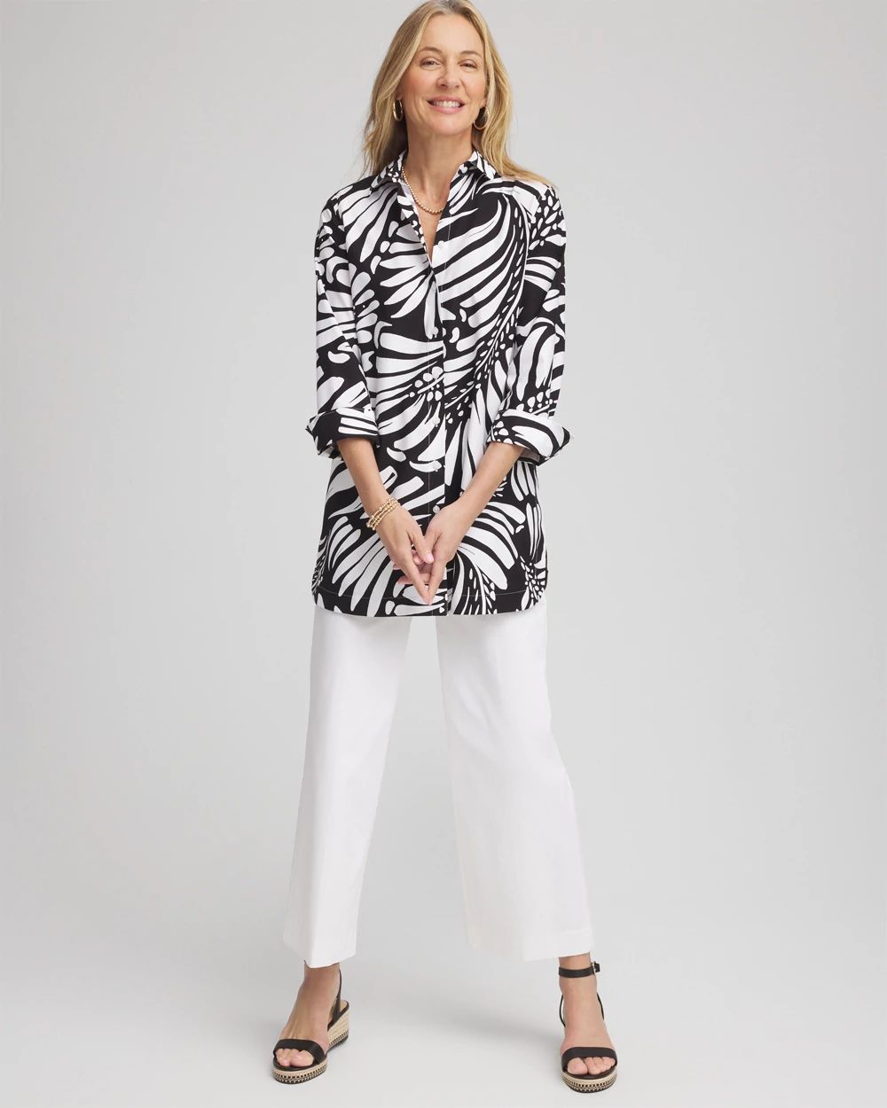 No Iron™ Printed Palms Button Down Tunic