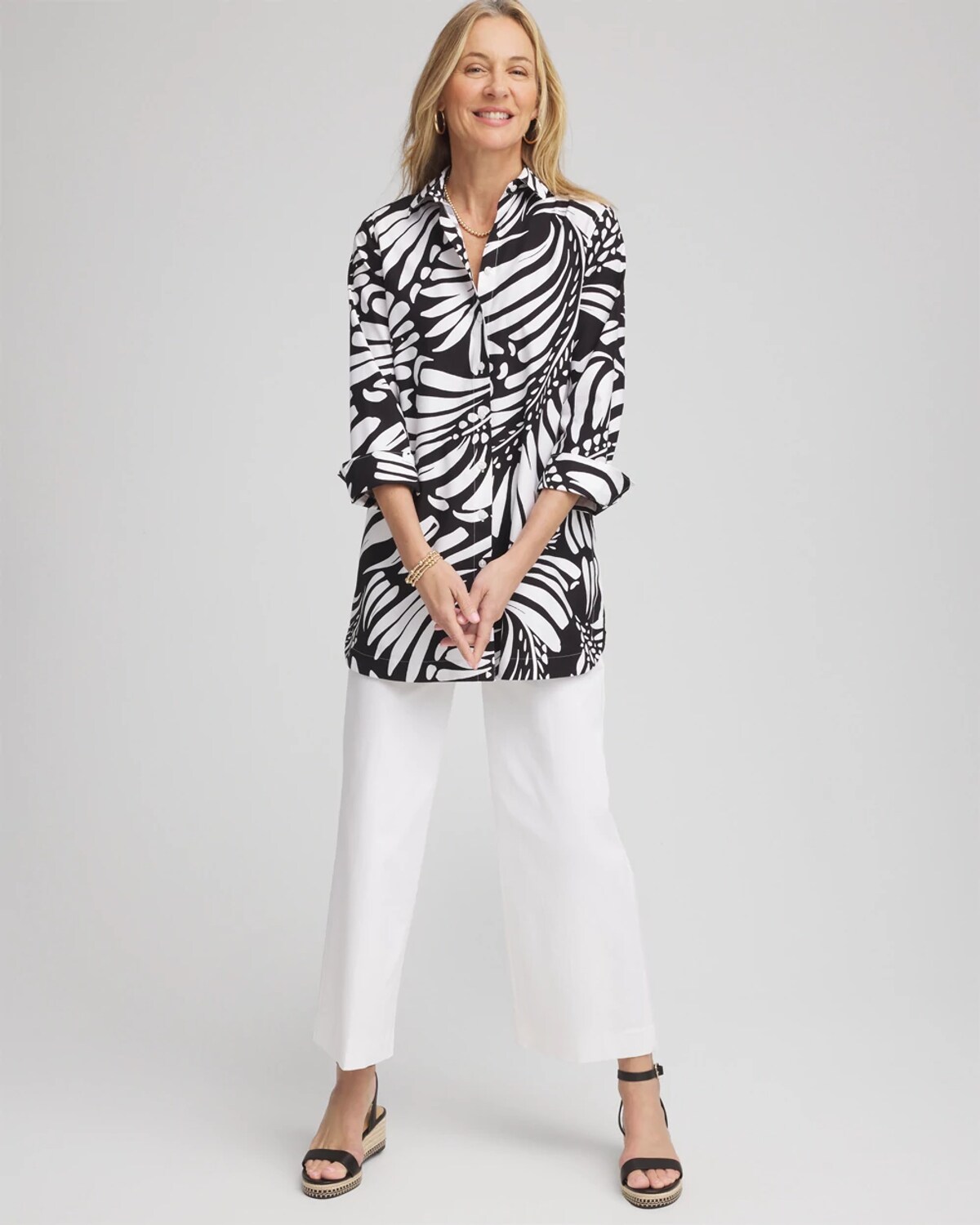 Chico's No Iron Printed Palms Button Down Tunic In Black In Black