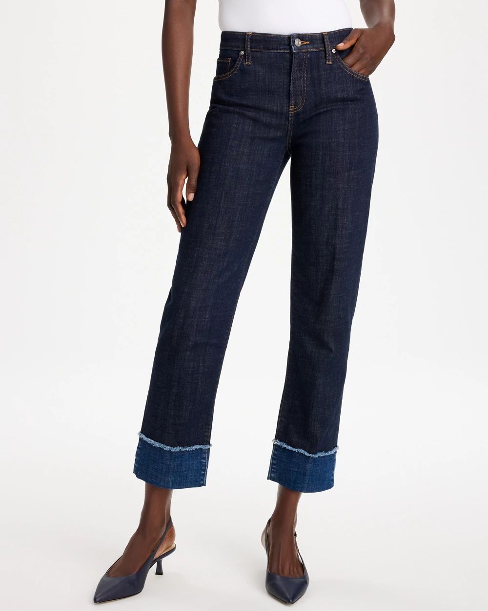 Girlfriend Frayed High-Rise Jeans click to view larger image.