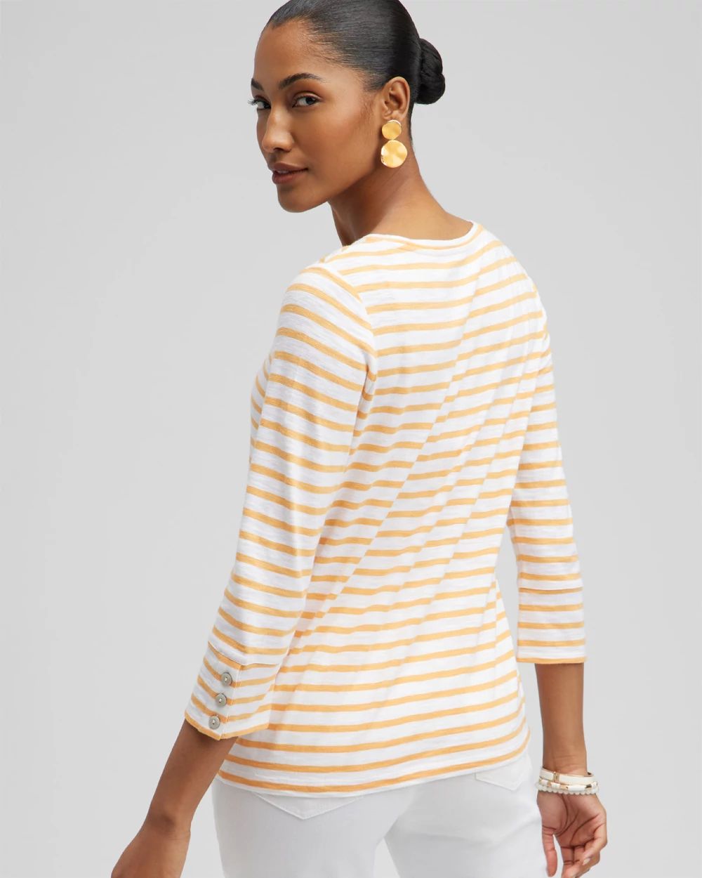 Stripe 3/4 Sleeve Button Tee