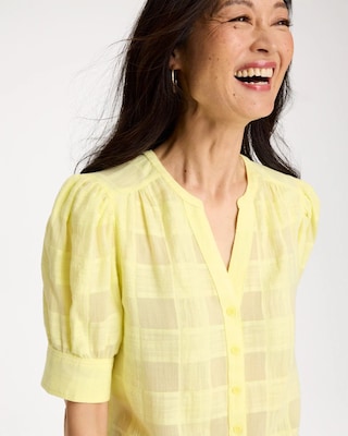 Cotton Plaid Elbow-Sleeve Shirt click to view larger image.