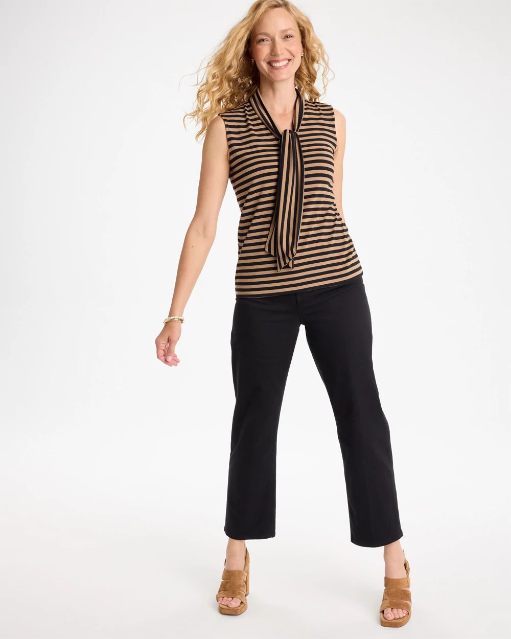 Soft Stretch Tie Neck Striped Tank click to view larger image.