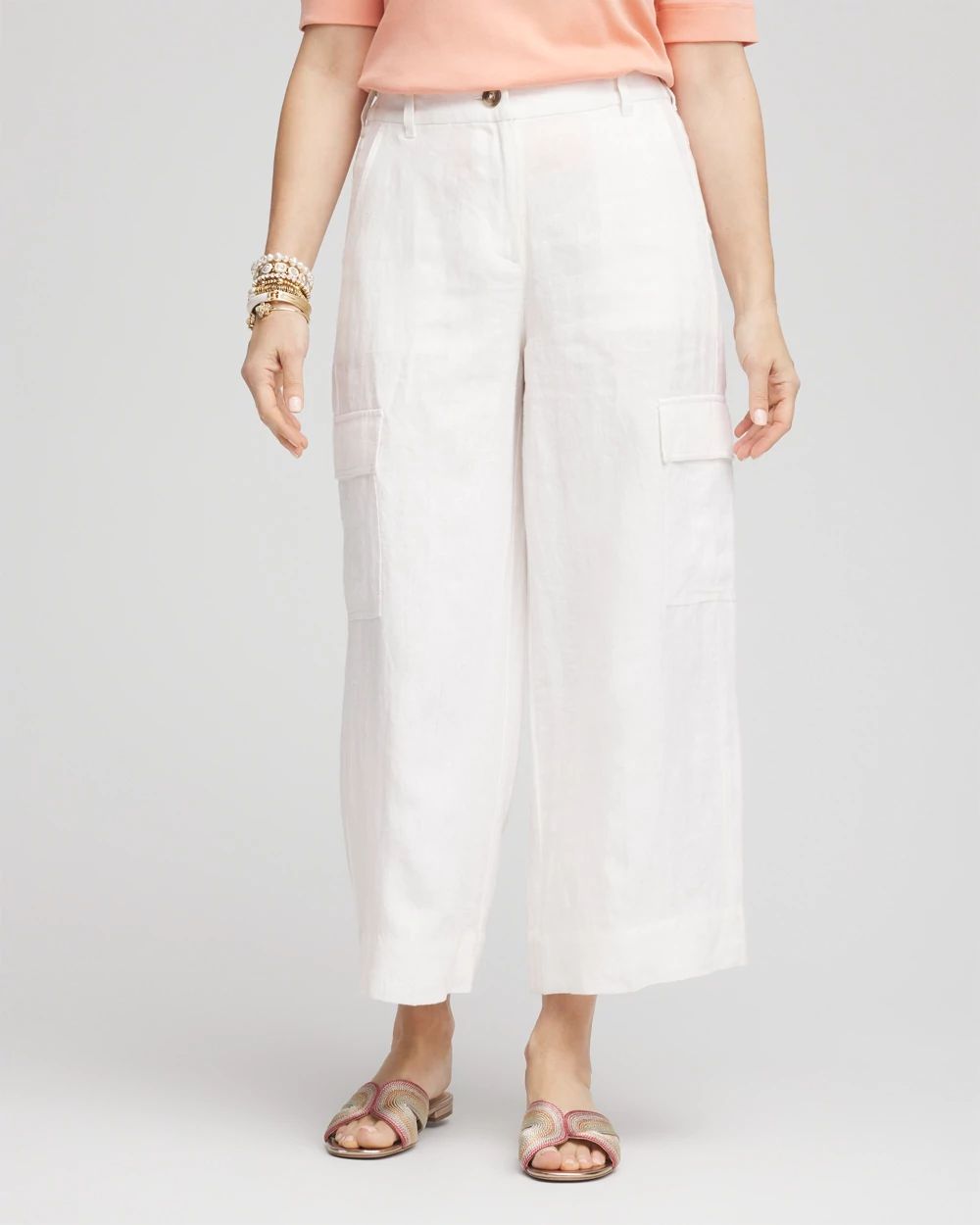 Linen Cargo Wide-Leg Cropped Pants