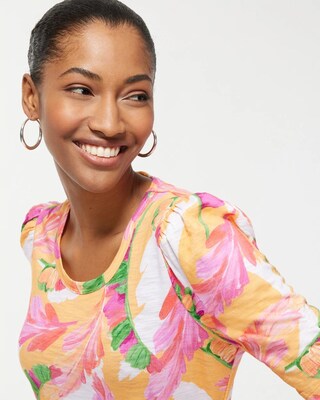 Gathered Sleeve Foliage Slub Tee