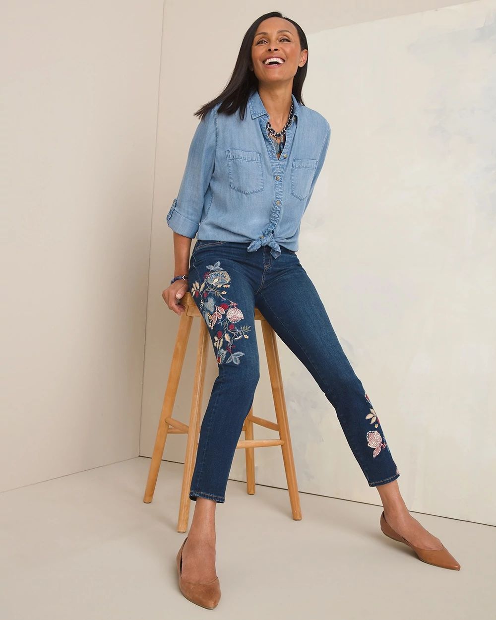 Embroidered and Appliqued Denim Pull-On Ankle Jeggings