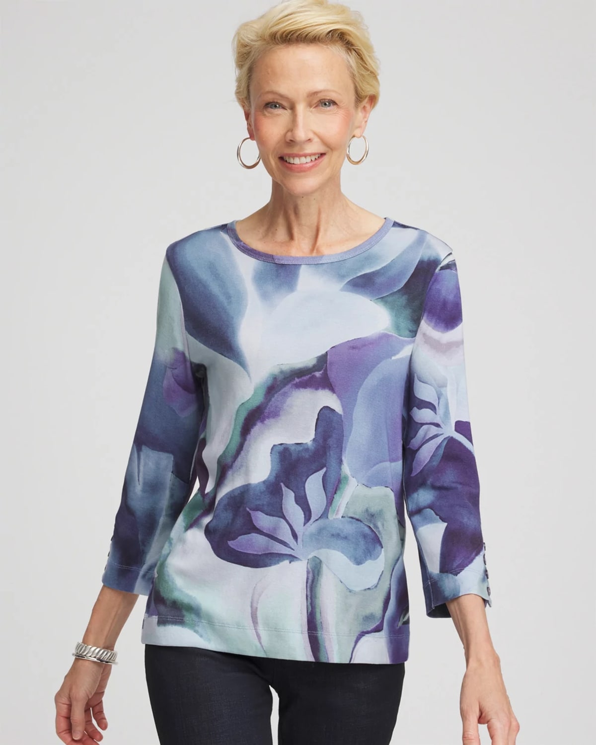 Chico's Pima Button Sleeve Tee In Purple Elixir In Blue