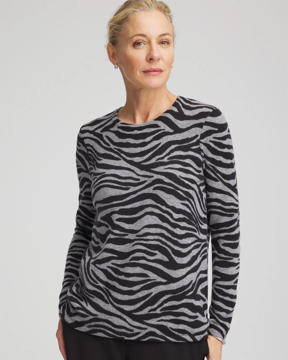 Cashmere Zebra Long-Sleeve Pullover Sweater