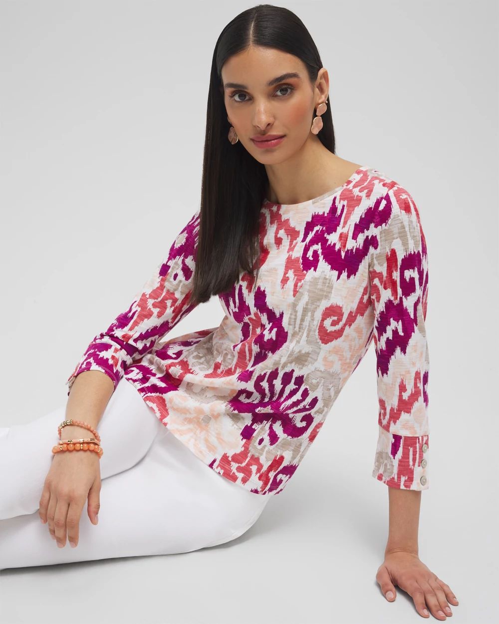 Ikat 3/4 Sleeve Button Tee