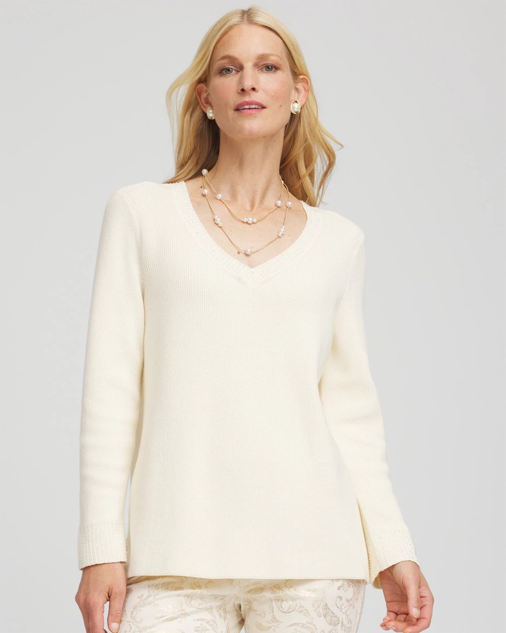 Embellished V-Neck Pullover Sweater