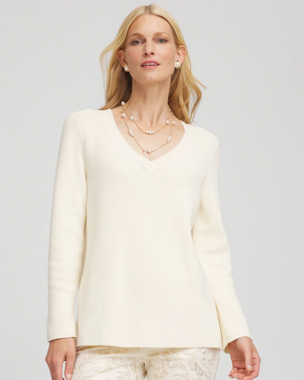 Embellished V-Neck Pullover Sweater