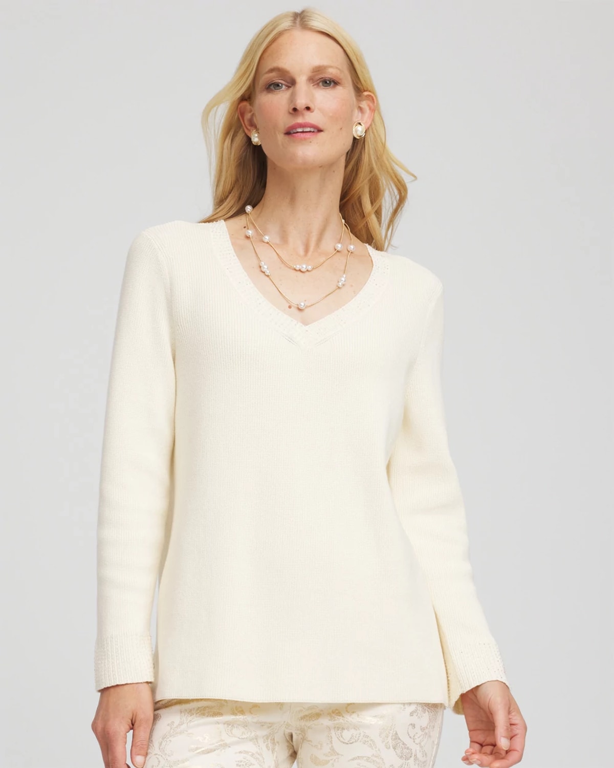 Chico's Embellished V-neck Pullover Sweater In Cream In Neutral