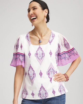 Square-Neck Pleated Flutter-Sleeve Tee click to view larger image.