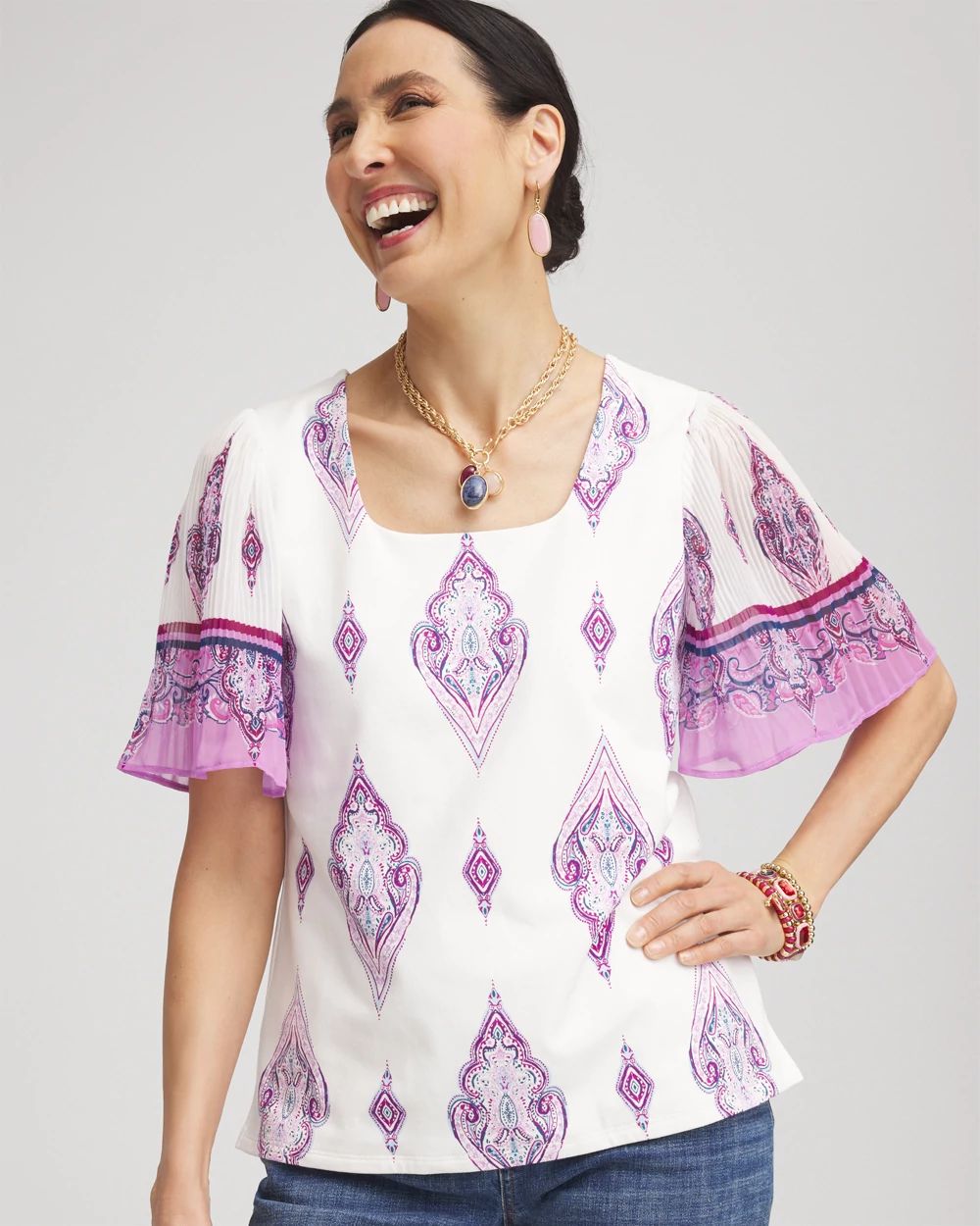 Square-Neck Pleated Flutter-Sleeve Tee