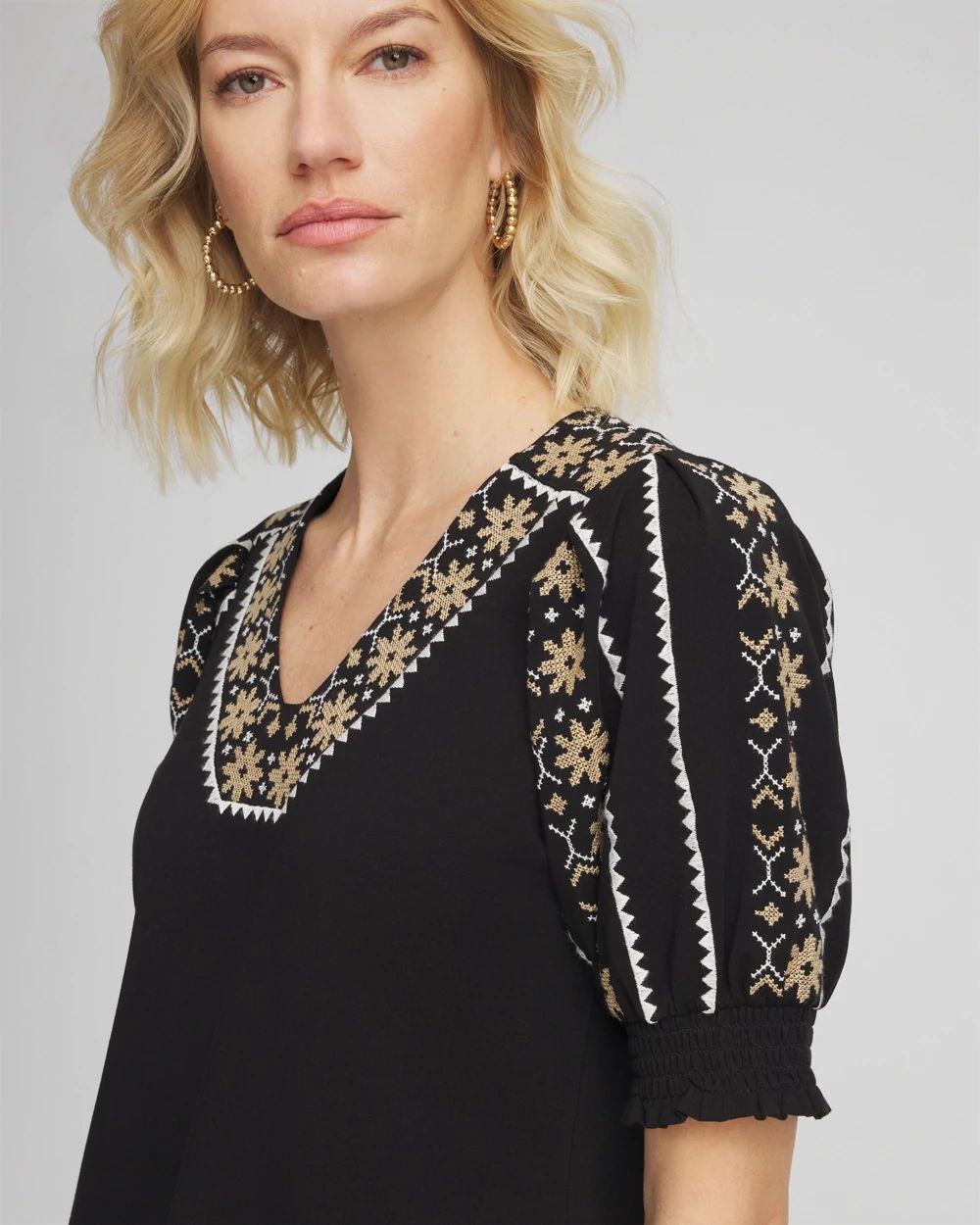Embroidered Smocked-Sleeve Tee