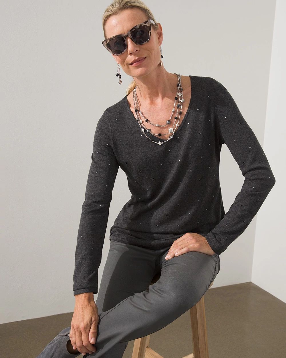 Studded V-neck Pullover Sweater