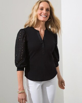Eyelet Sleeve Ribbed Henley Tee