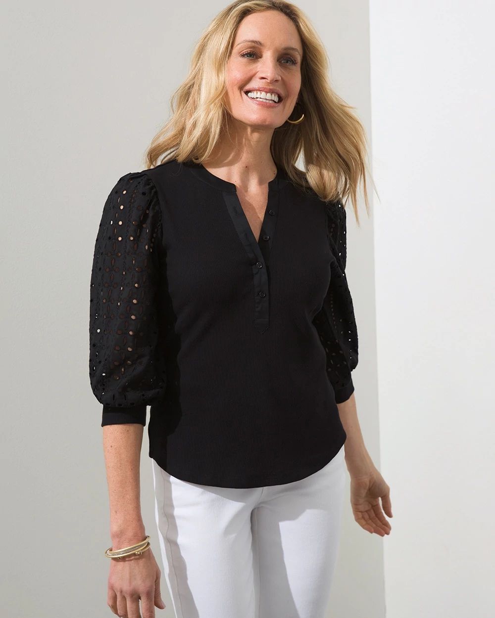 Eyelet Sleeve Ribbed Henley Tee
