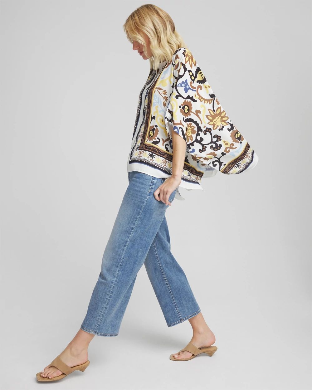 Printed Collarless Button-Front Poncho