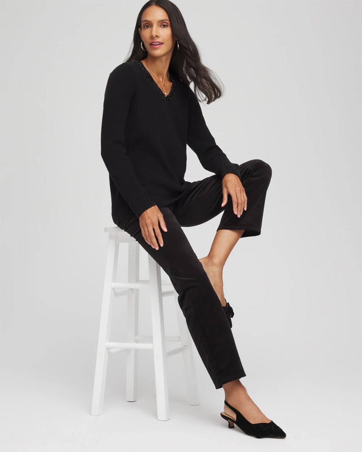 Chico's Embellished V-neck Pullover Sweater In Black In Black