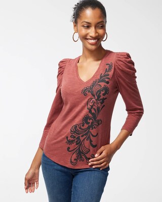 Scroll Print 3/4 Sleeve Romantic Tee