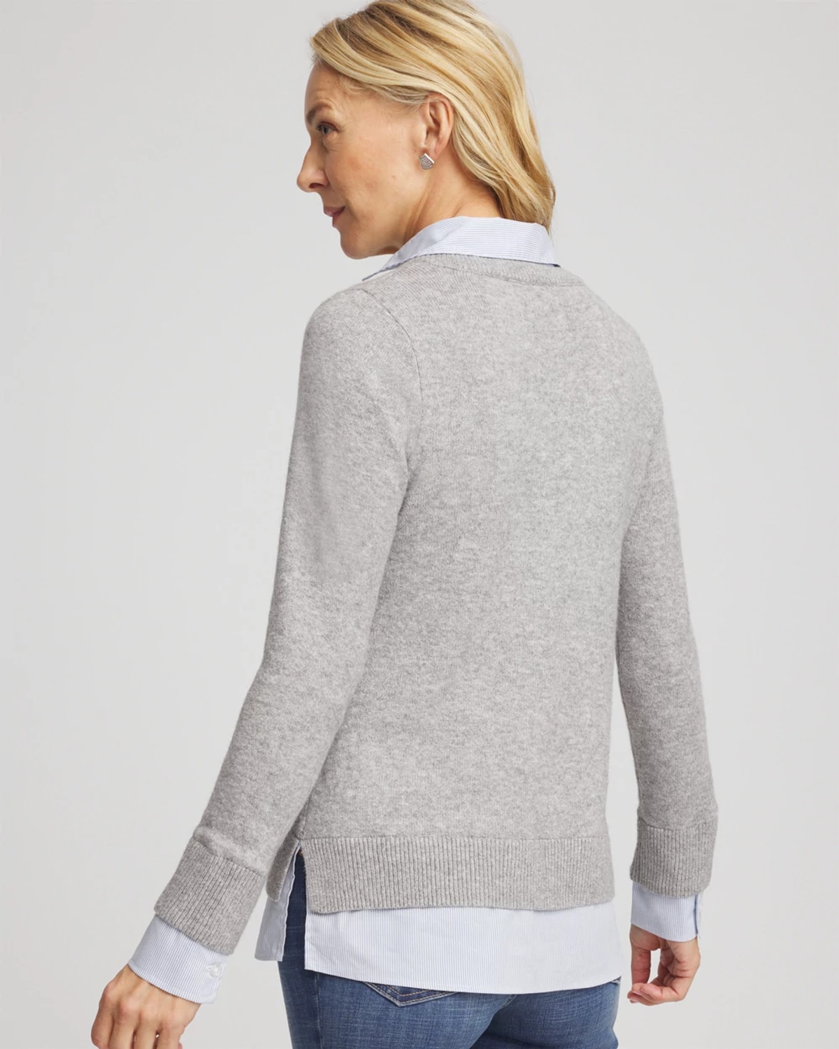 Chico's Sequin Built-in Shirt Knit Sweater In Gray In Gray