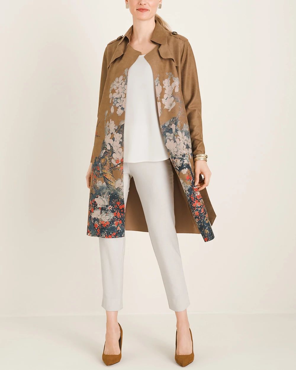 Floral Faux-Suede Trench Coat