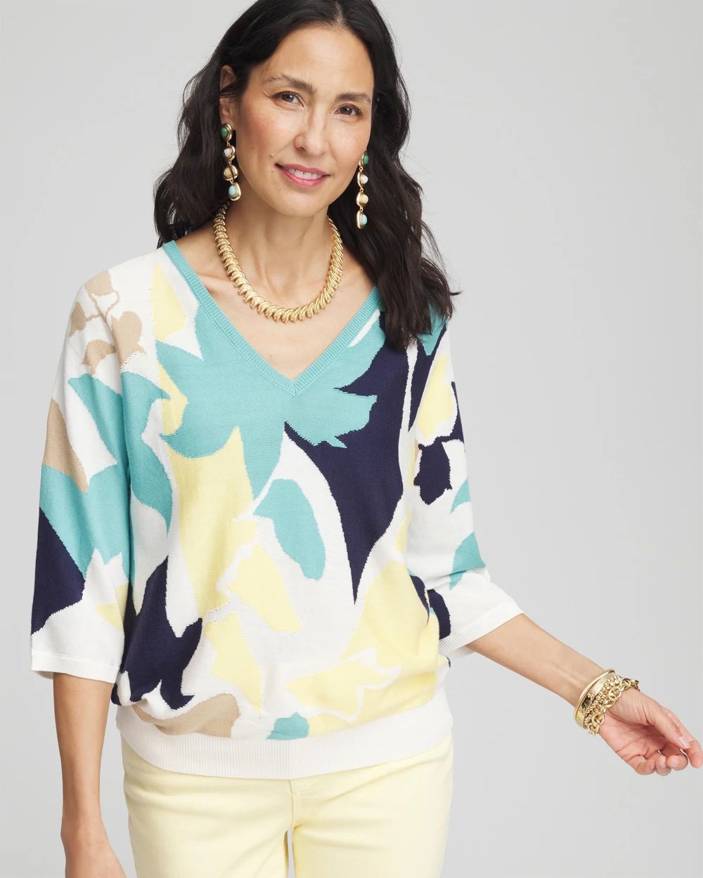 V-Neck Wildflower Intarsia Pullover