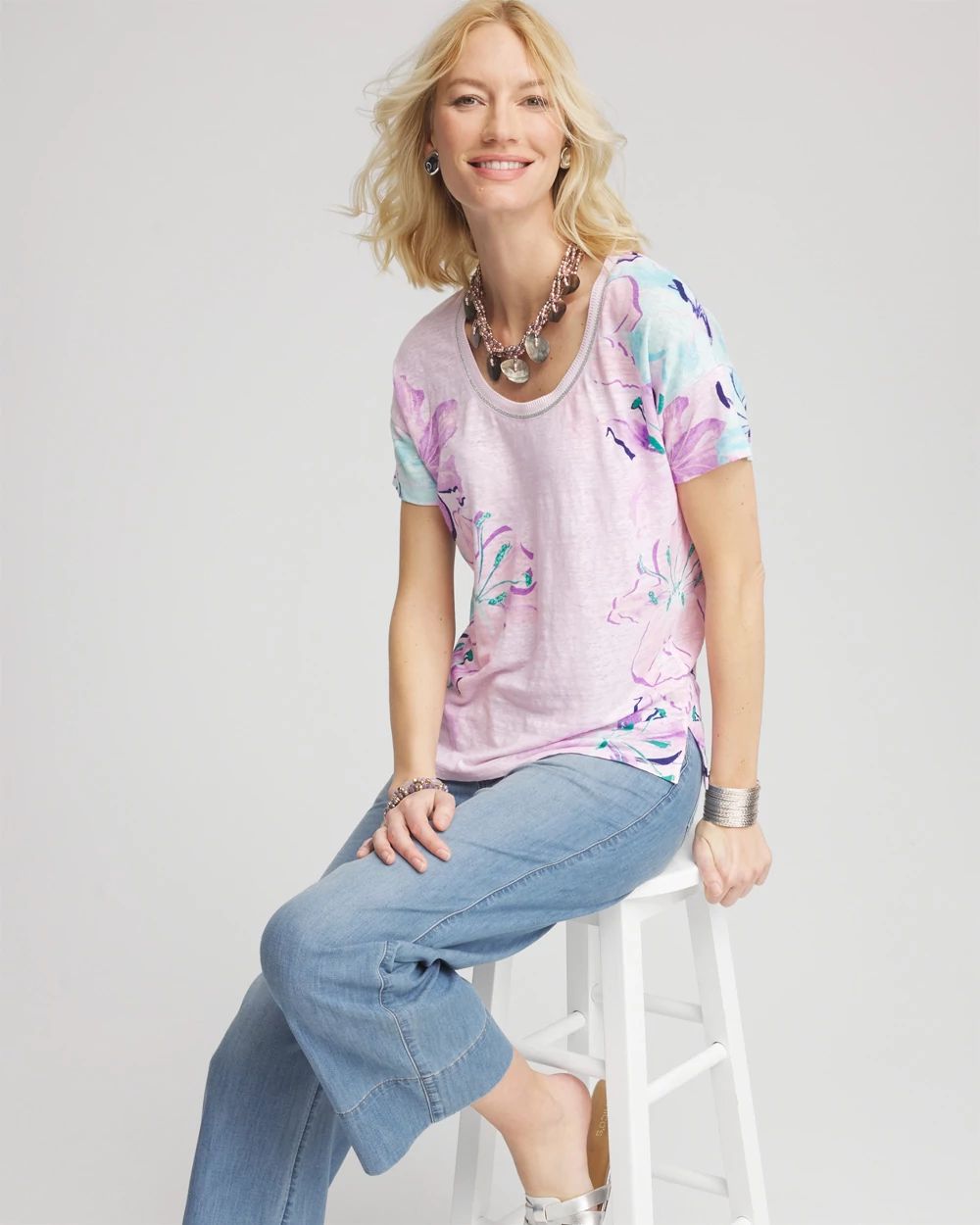 Floral Sweater-Trim Linen Tee