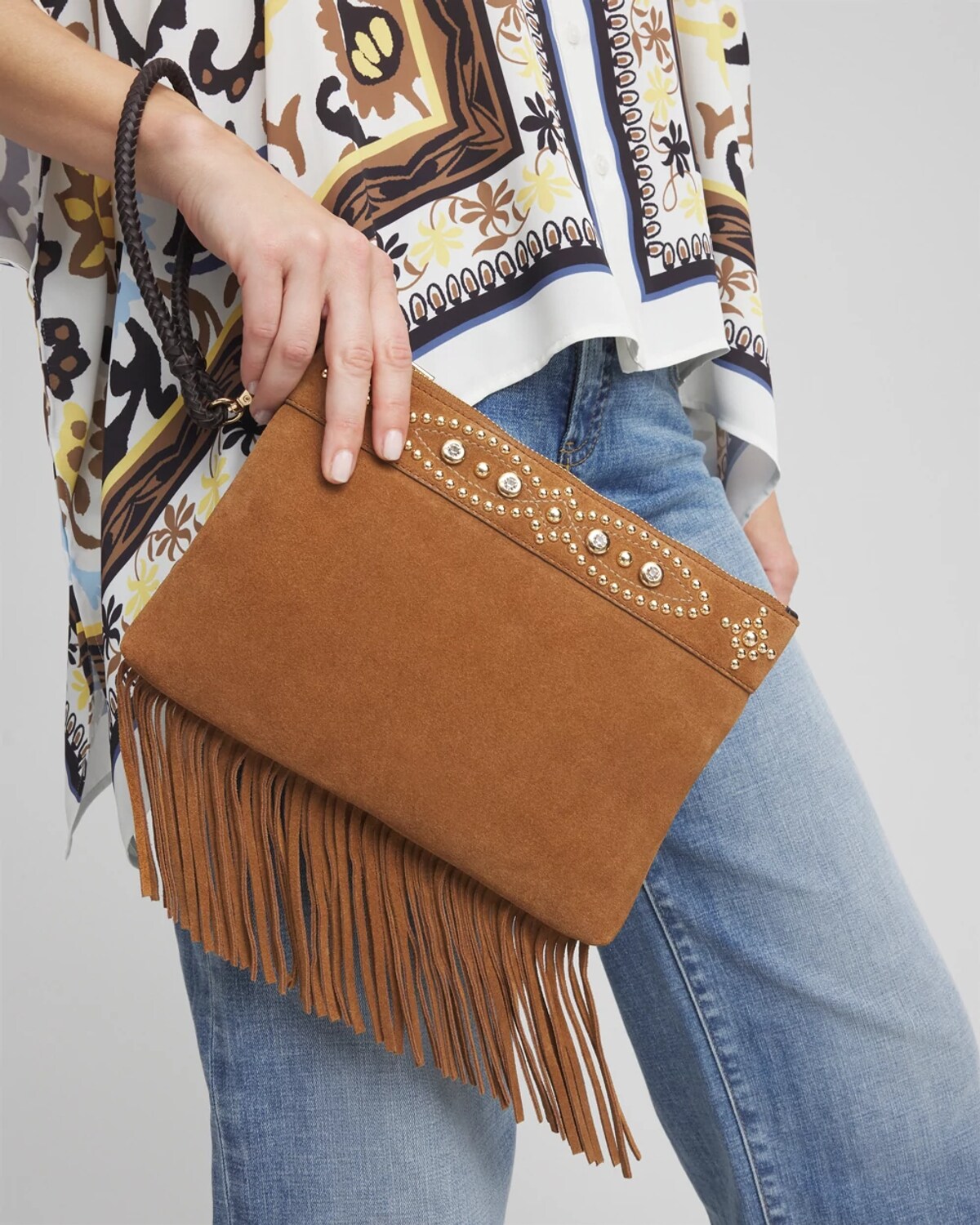Chico's Embellished Fringe Wristlet In Neutral In Brown