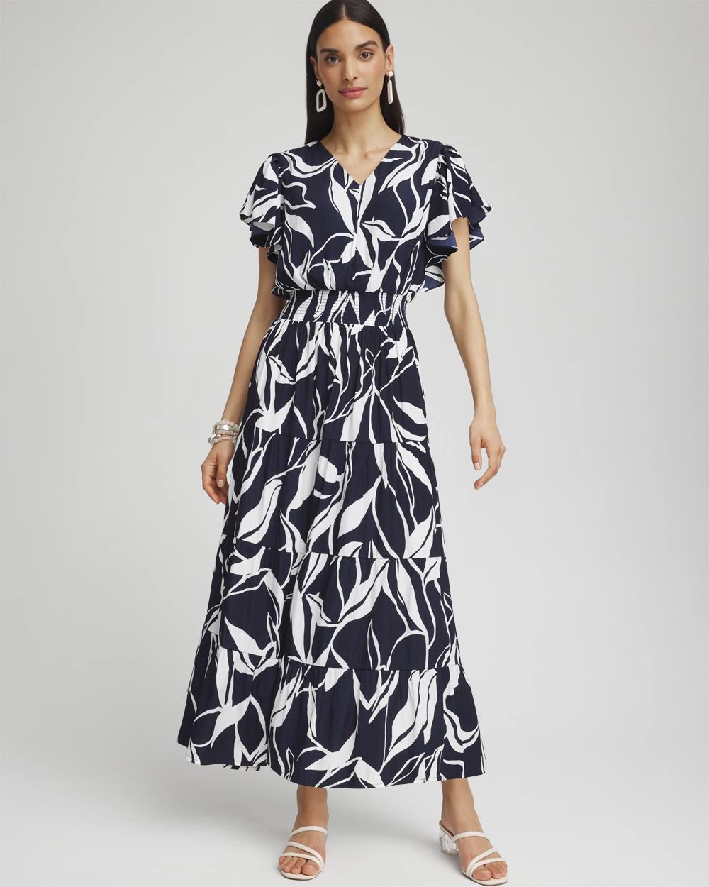 Leaves Smock Waist Tiered Maxi Dress