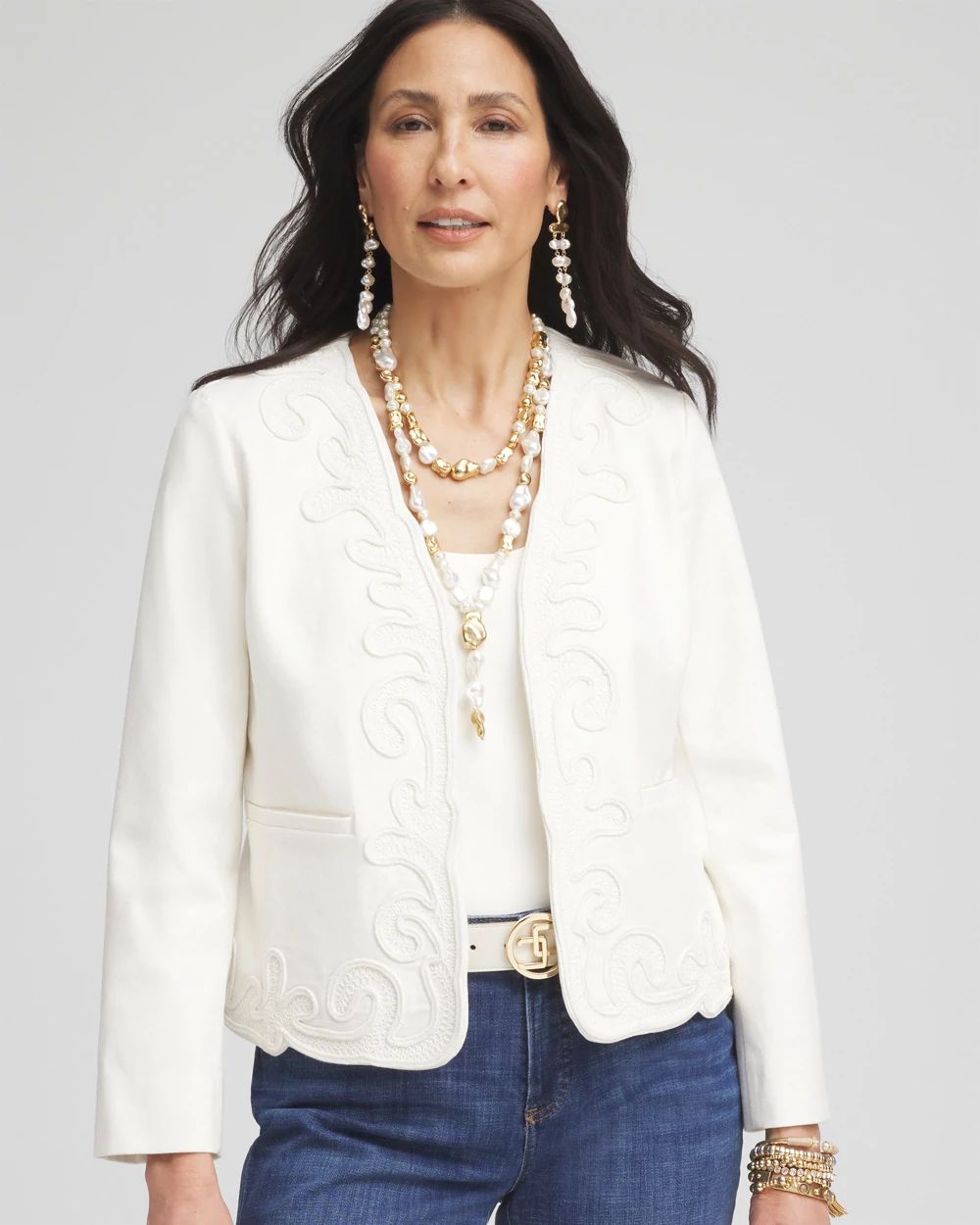 Collarless Soutache-Trim Jacket