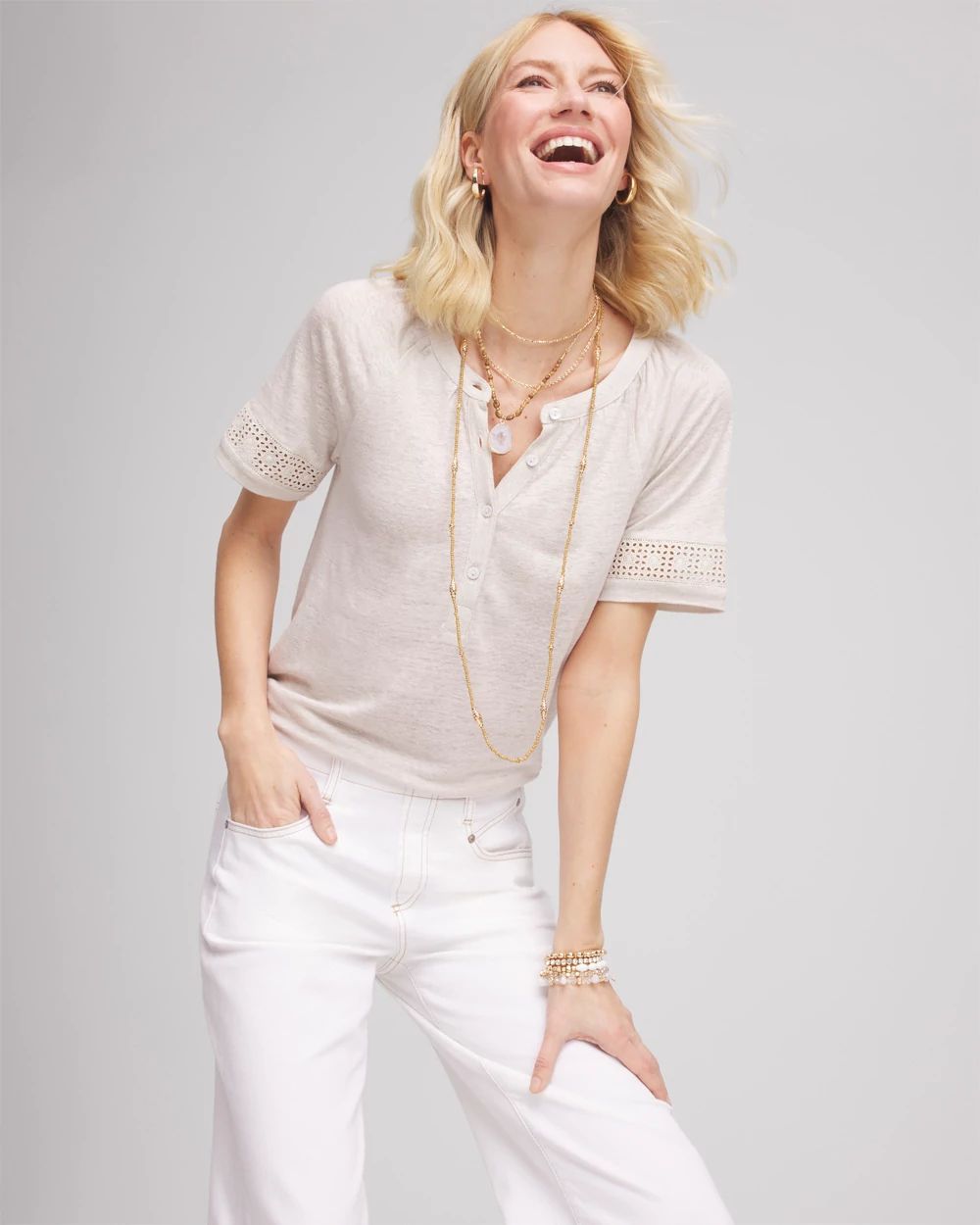 Linen Lace-Cutwork Sleeve Henley Tee