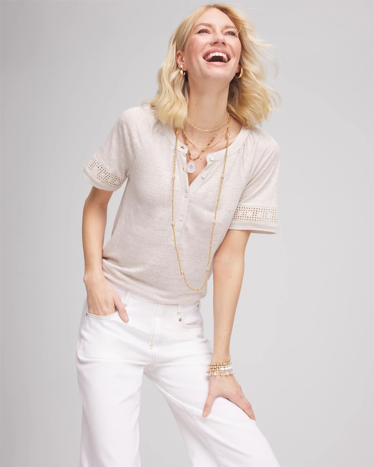 Chico's Linen Lace-cutwork Sleeve Henley Tee In Neutral In Gray