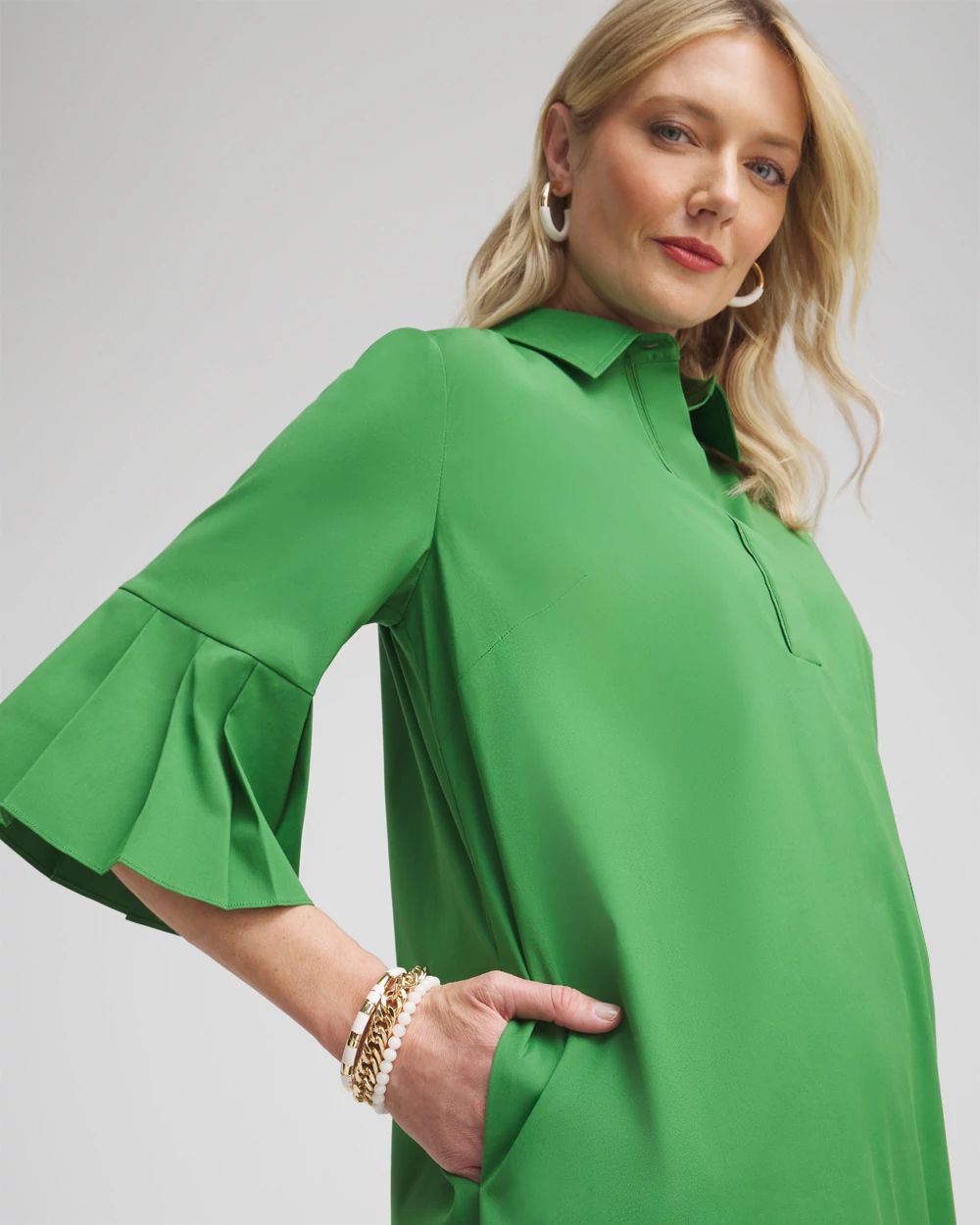 Poplin Pleat Sleeve Popover Dress