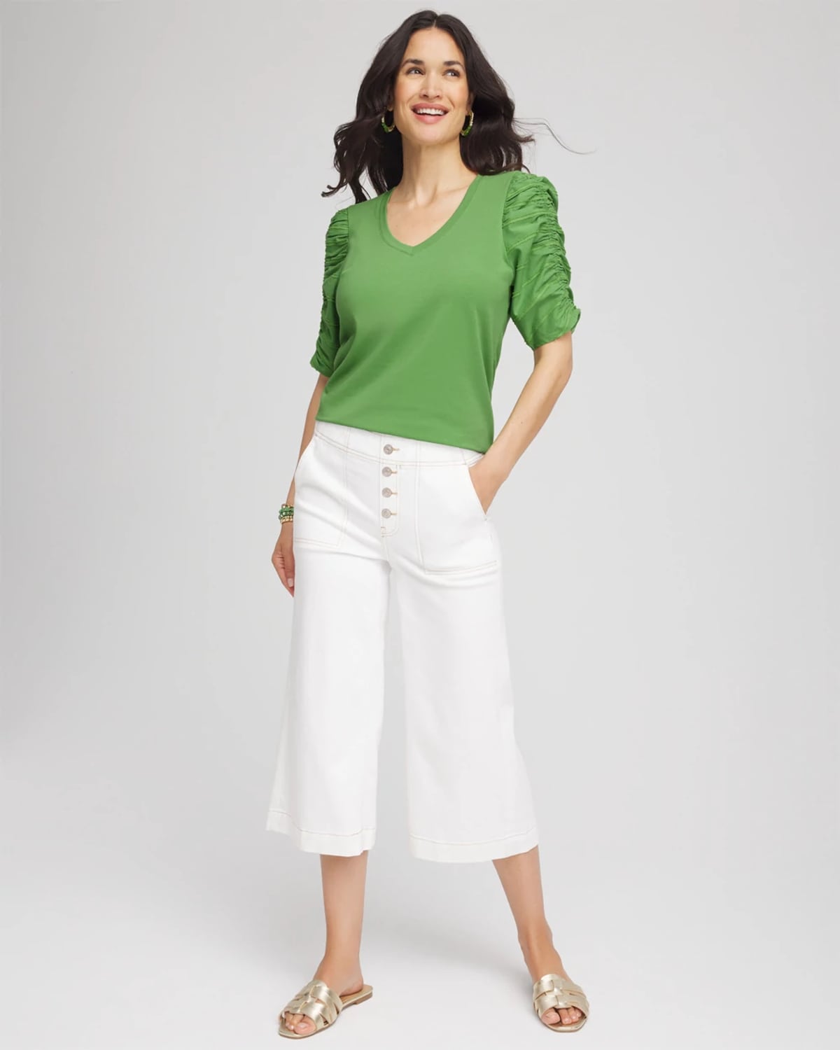 Chico's Cotton-blend Ruched-sleeve Top In Salted Lime In Green