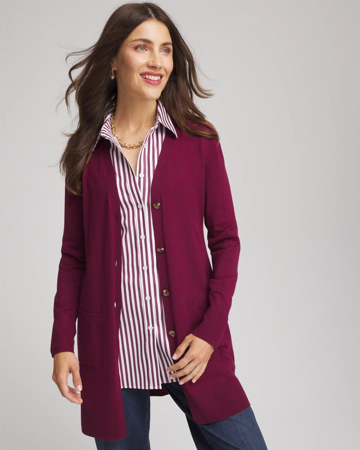 Chico's Ella Pocketed Cardigan Sweater In Deep Chianti In Burgundy