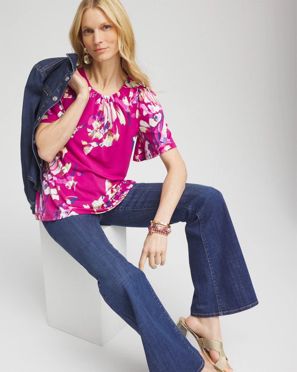 Petals Smocked Flutter-Sleeved Tee