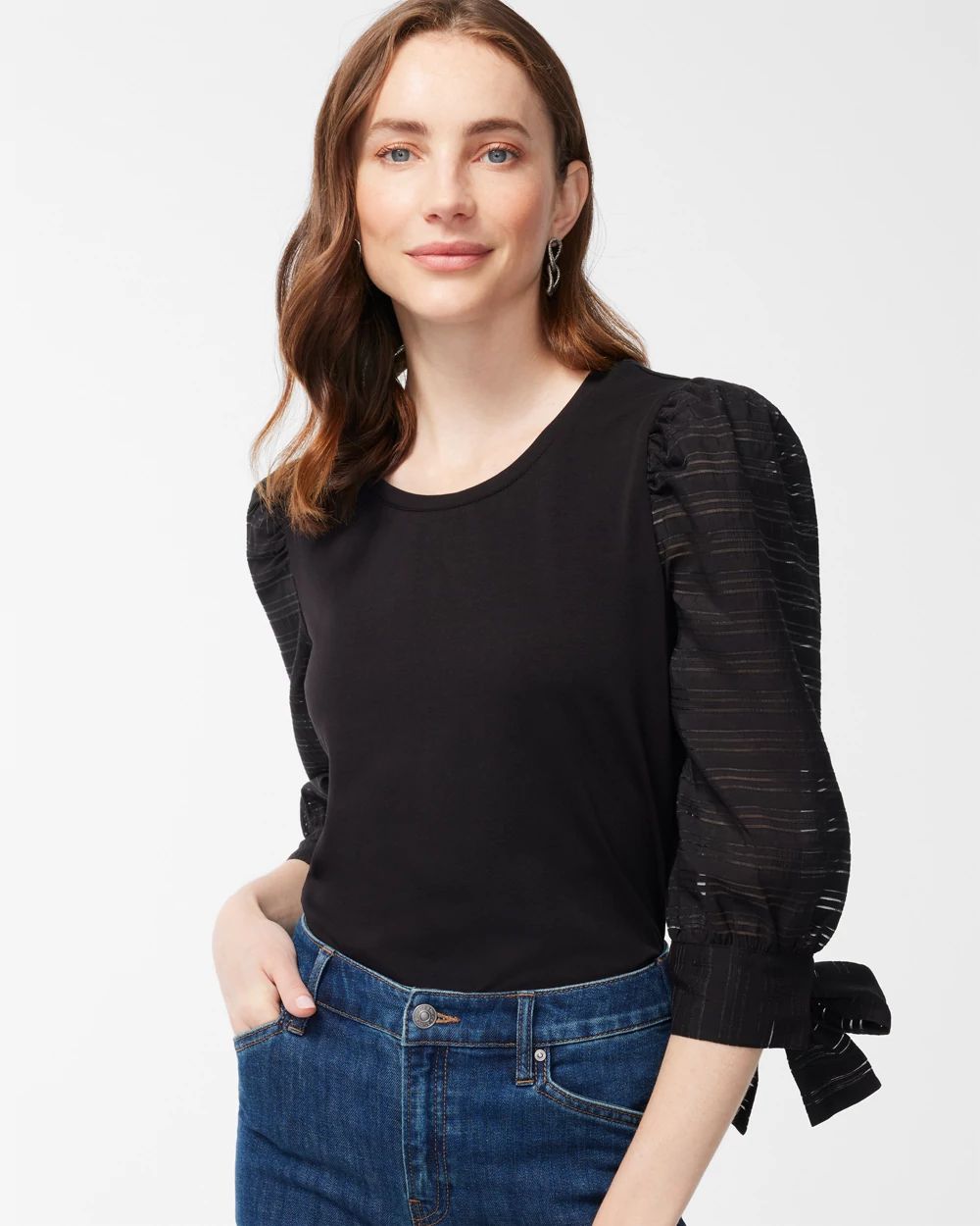 Knit Woven Sheer Sleeve Tee
