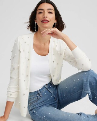 Faux Pearl & Rhinestone Cardigan Sweater