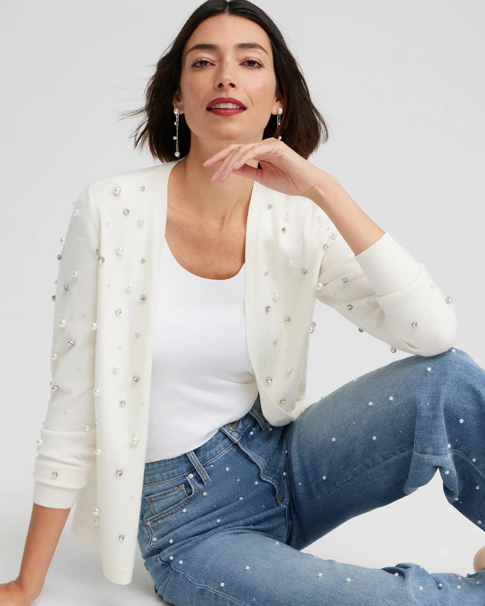 Faux Pearl & Rhinestone Cardigan Sweater