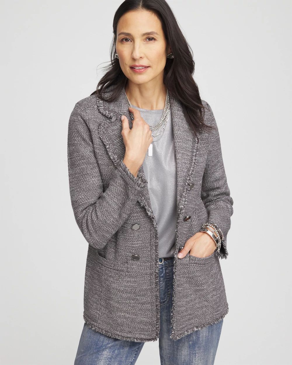 Metallic Tweed Sweater Blazer