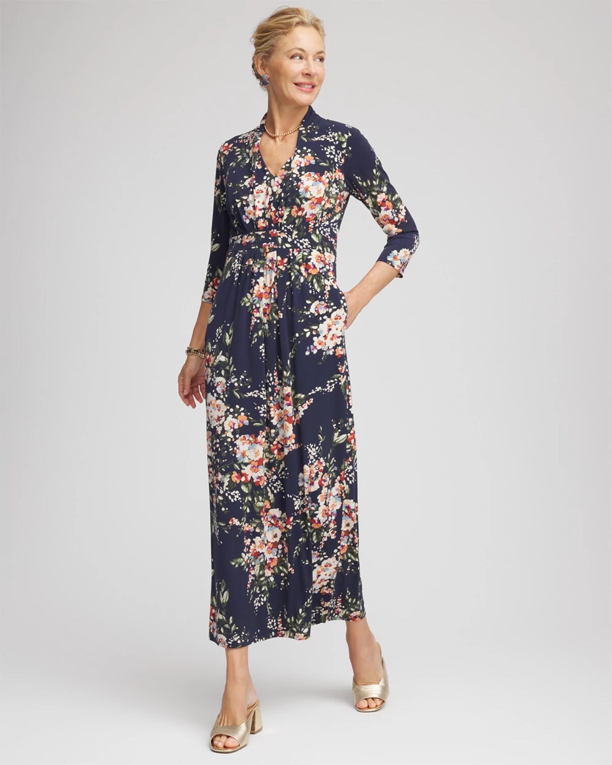 Chico's Petite Knit Pleated Maxi Dress In Blue