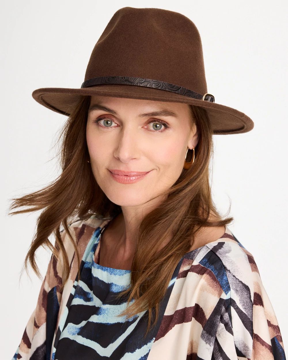Paisley-Print-Trim Wool Felt Fedora Hat click to view larger image.